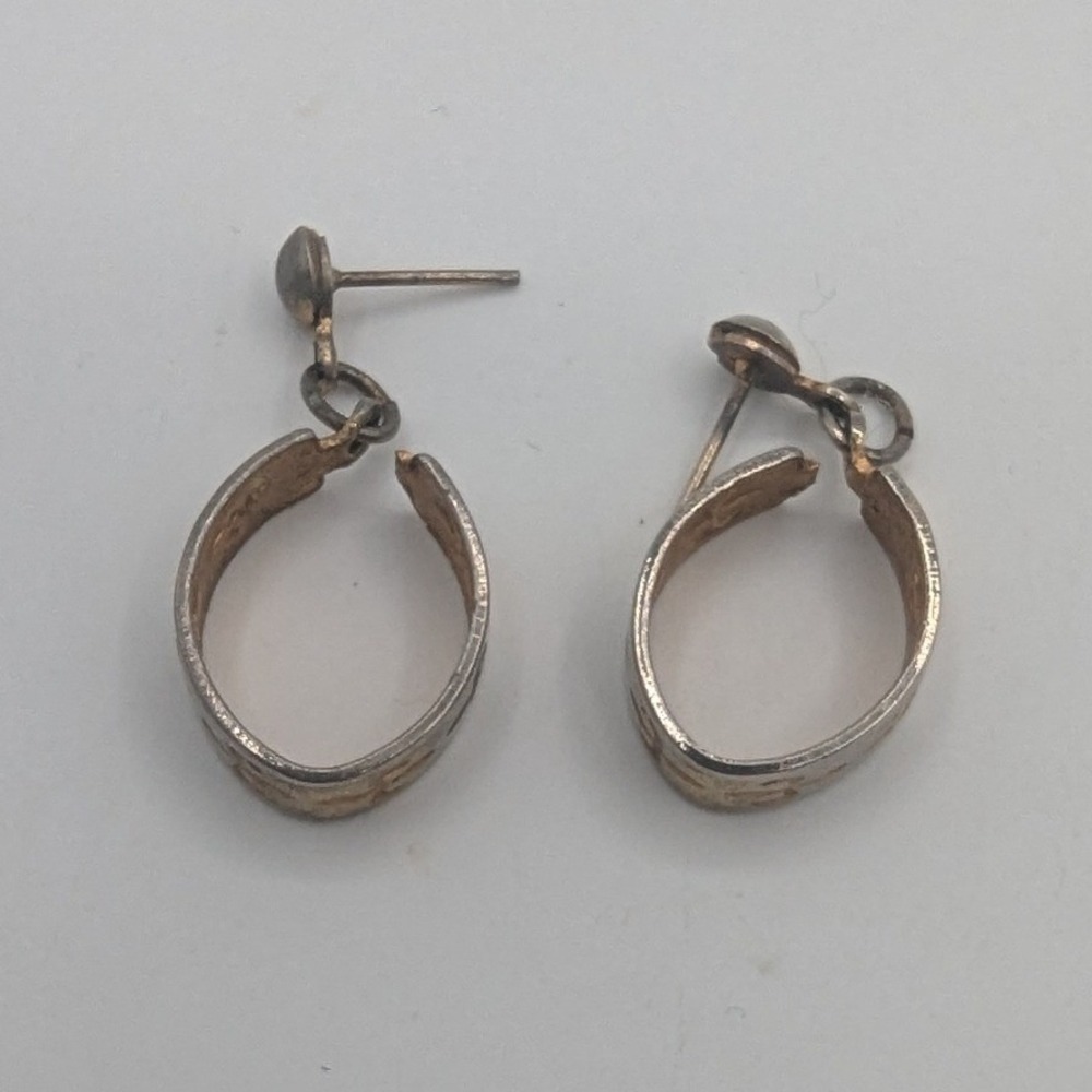 Vintage Two‎ Tone Silver Gold Etched Oval Drop Hoop Earrings Post Back Boho